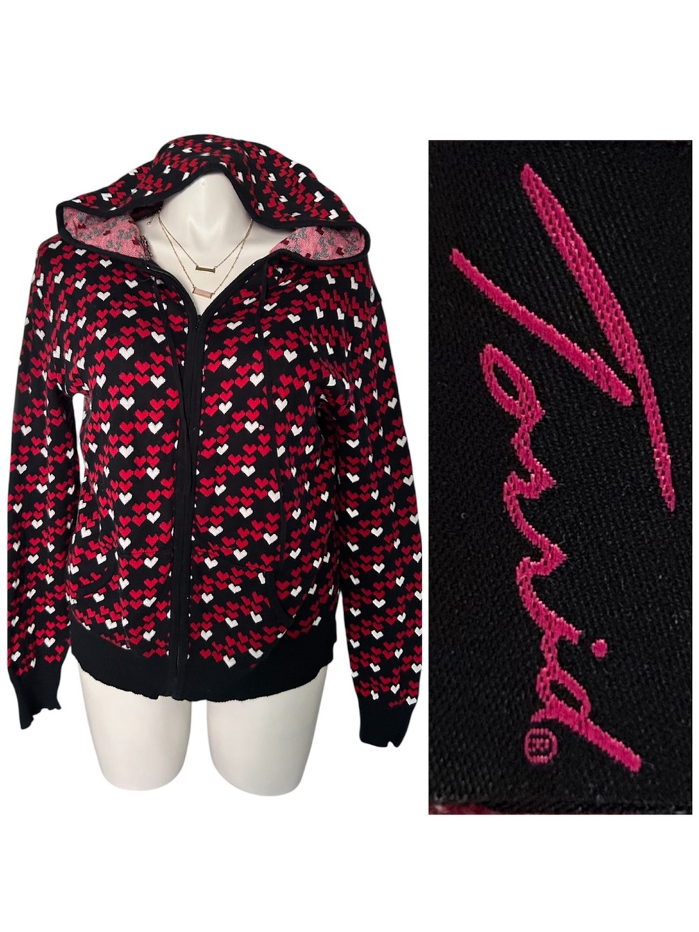 torrid Black Zip Hoodie with Red & White Heart Motif Y2K Vintage EUC sz 1 COTTON